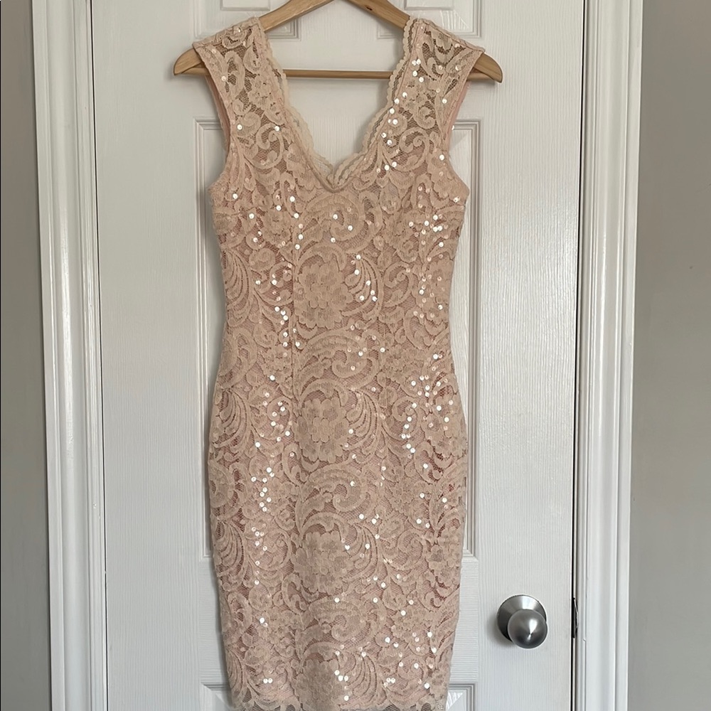 Le Chateau Dusty Pink Sequin Mini lace Dress Sleeveless V-Neck